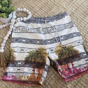 Men’s Aztec palm tree swim trunks shorts EUC
